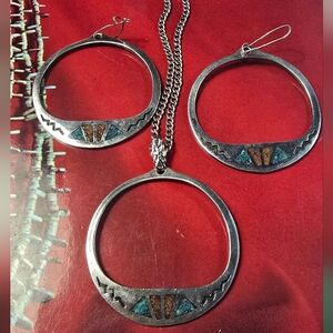 Southwestern Sterling Silver Turquoise And Coral Earrings And Necklace Set